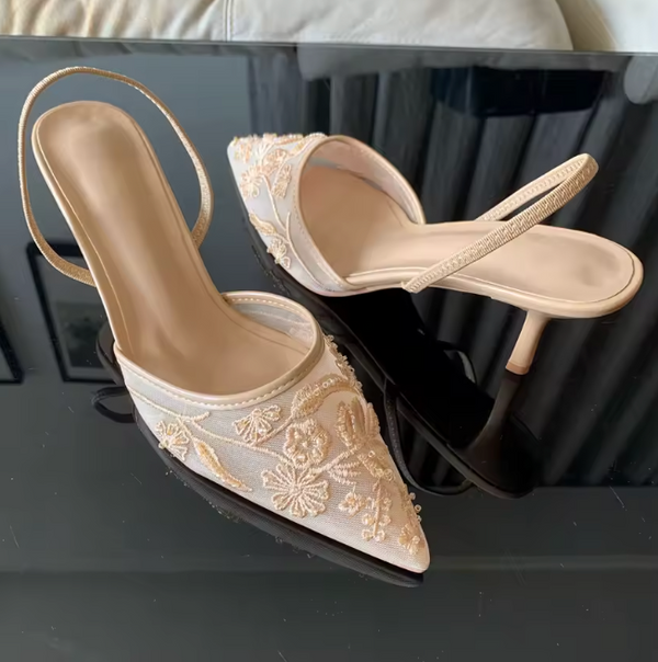 Gisèle Floral Embroidered Pearl Mesh Mule Heel