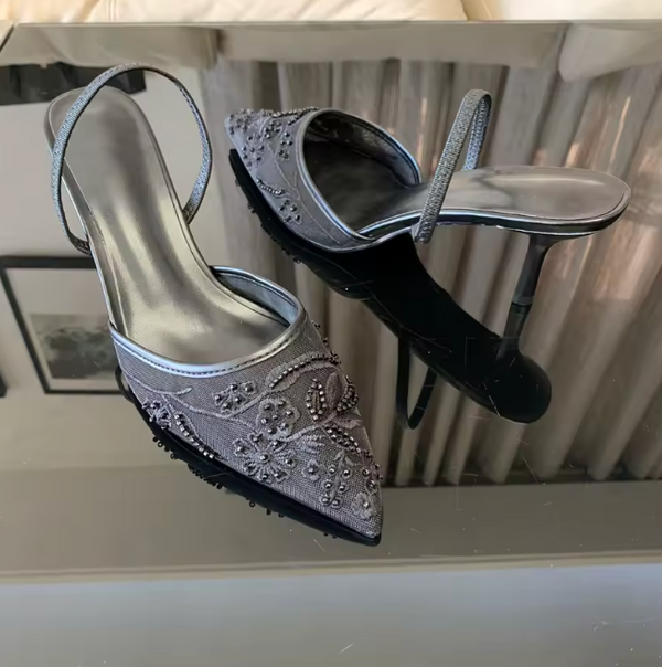 Gisèle Floral Embroidered Pearl Mesh Mule Heel