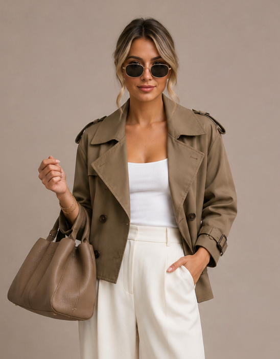 Margot Vintage Double-Breasted Cropped Trench Jacket