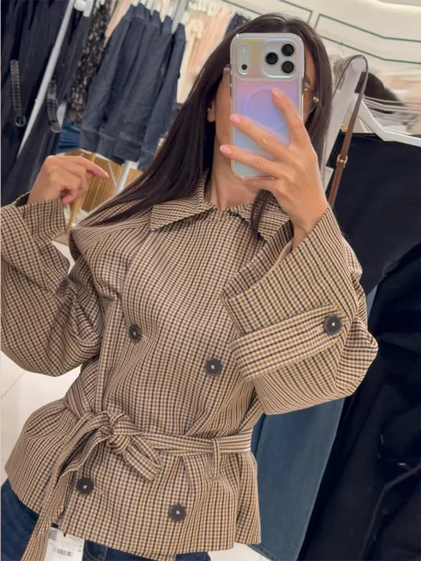 Brigitte Plaid Double-Breasted Short Trench