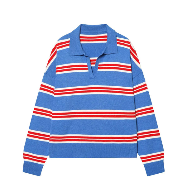 Margot Striped Polo Neck Knit Pullover