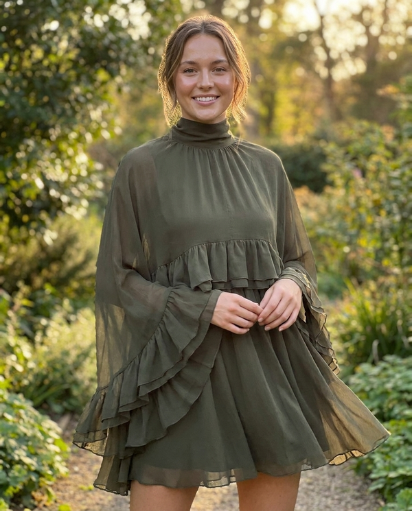 Séraphine Chiffon Ruffle Mock Neck Dress