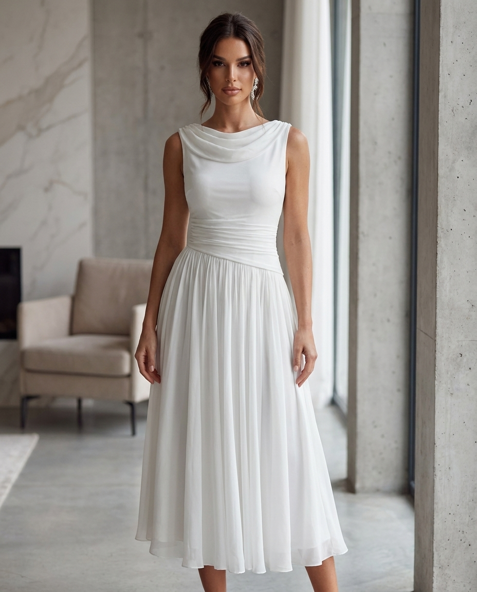 Odette Draped Neck Pleated Midi Dress