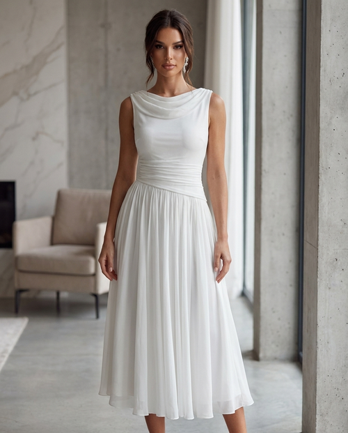 Odette Draped Neck Pleated Midi Dress