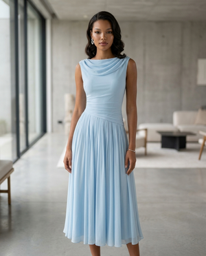 Odette Draped Neck Pleated Midi Dress