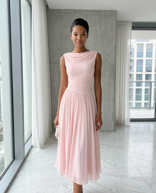 Odette Draped Neck Pleated Midi Dress