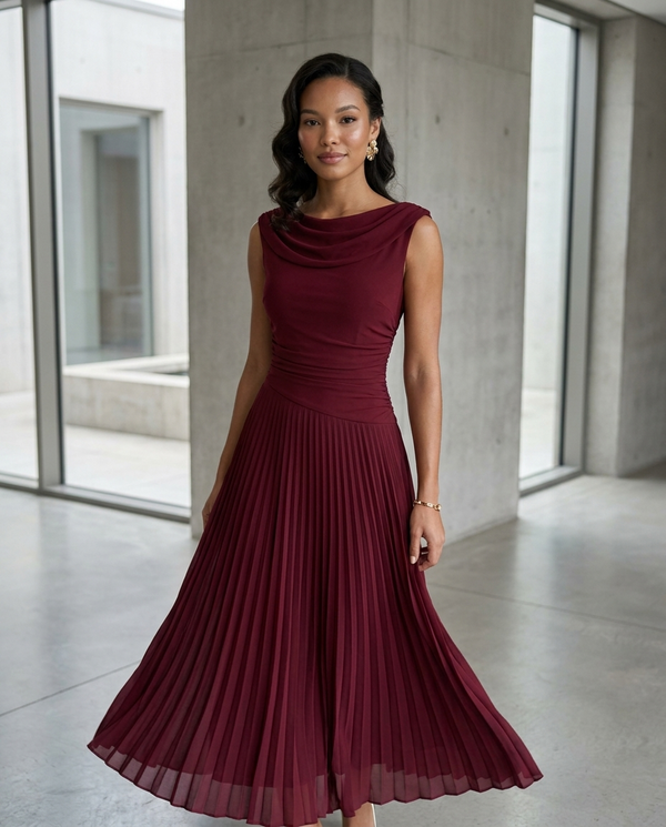 Odette Draped Neck Pleated Midi Dress