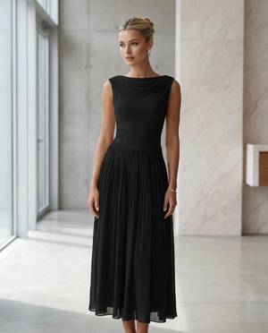 Odette Draped Neck Pleated Midi Dress