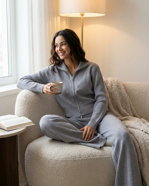 Solange Ribbed Zip-Up Cardigan & Wide-Leg Trouser Co-Ord Set