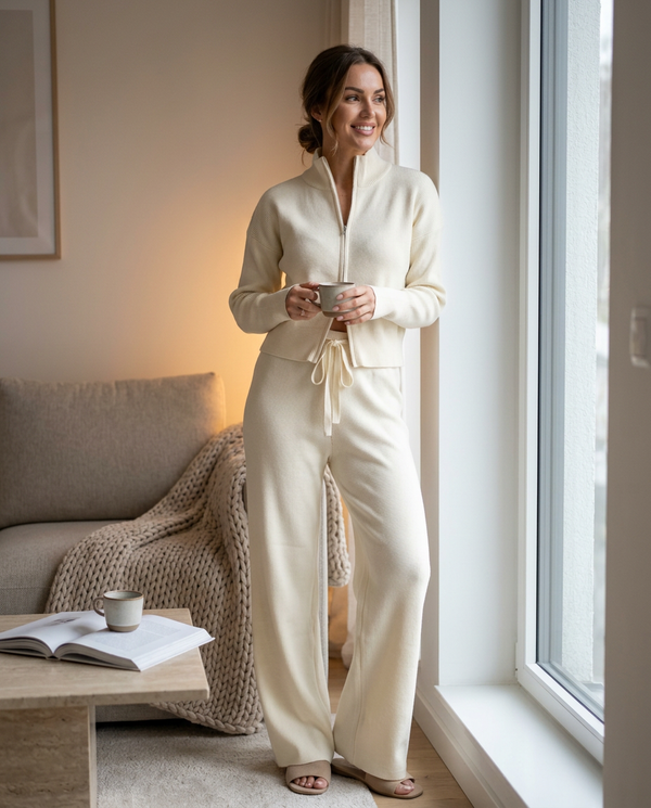 Solange Ribbed Zip-Up Cardigan & Wide-Leg Trouser Co-Ord Set