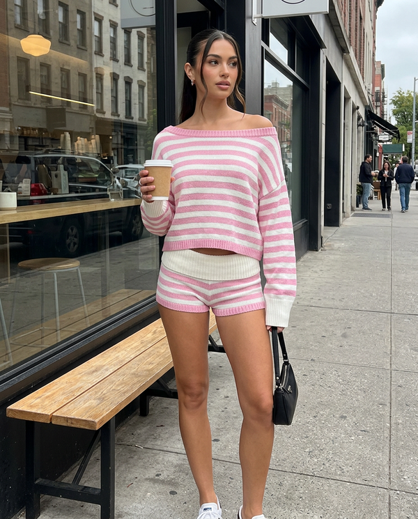 Mireille Striped Off-Shoulder Knit Top & Mini Shorts Co-Ord Set