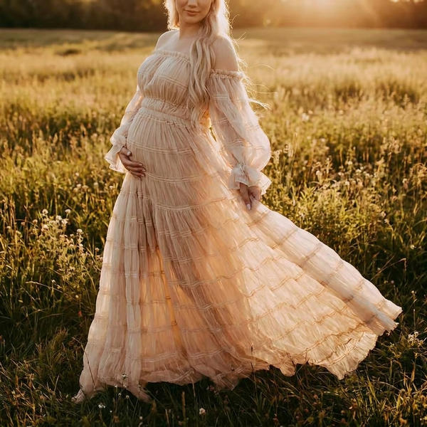 Rosalie Maternity Tiered Tulle Off-Shoulder Maxi Dress