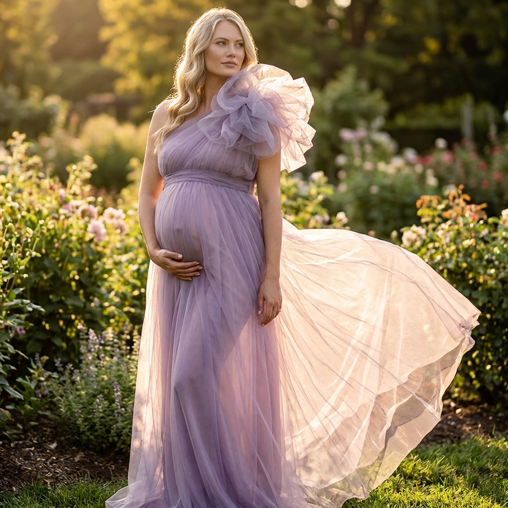 Fleur One-Shoulder Ruffle Tulle Maternity Gown