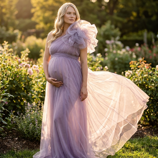 Fleur One-Shoulder Ruffle Tulle Maternity Gown