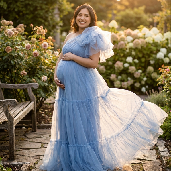 Fleur One-Shoulder Ruffle Tulle Maternity Gown