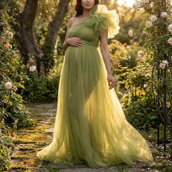 Fleur One-Shoulder Ruffle Tulle Maternity Gown
