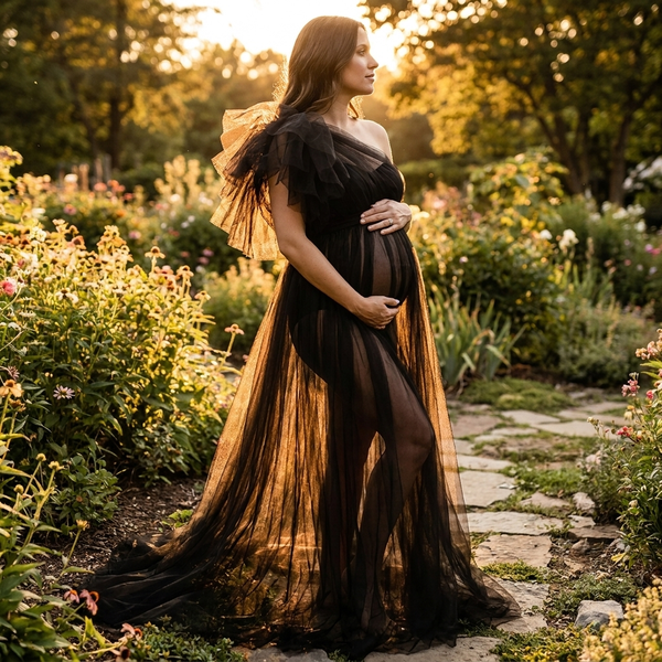 Fleur One-Shoulder Ruffle Tulle Maternity Gown