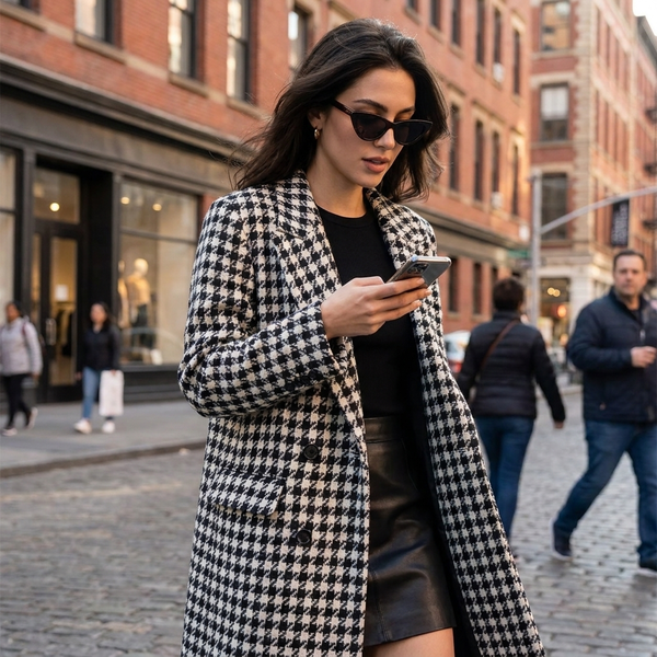 Noëlle Houndstooth Relaxed Lapel Wool Coat