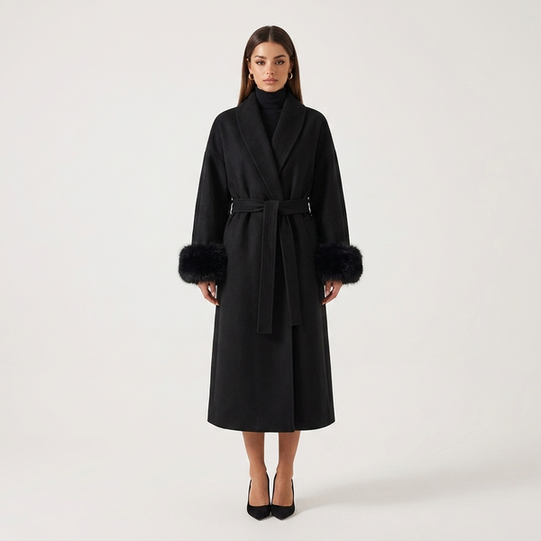 Vivienne Fox Fur Trim Elegant Wool Long Coat