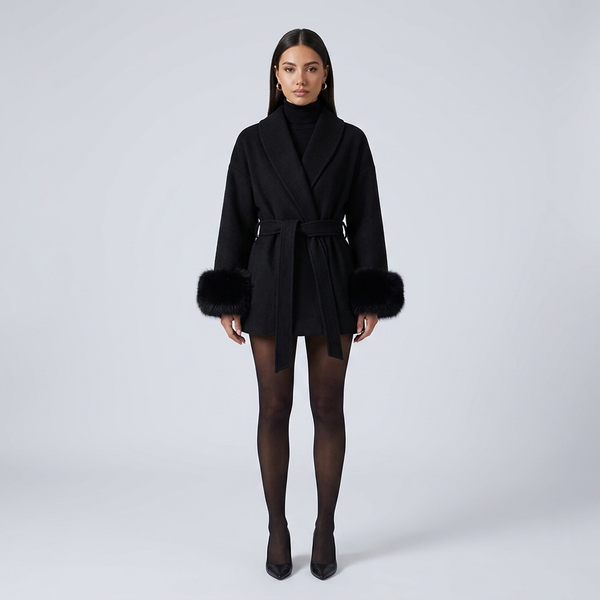Vivienne Fox Fur Trim Elegant Wool Short Coat