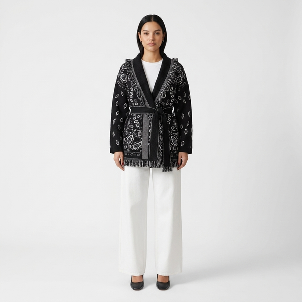 Camille Tassel Jacquard V-Neck Knit Cardigan