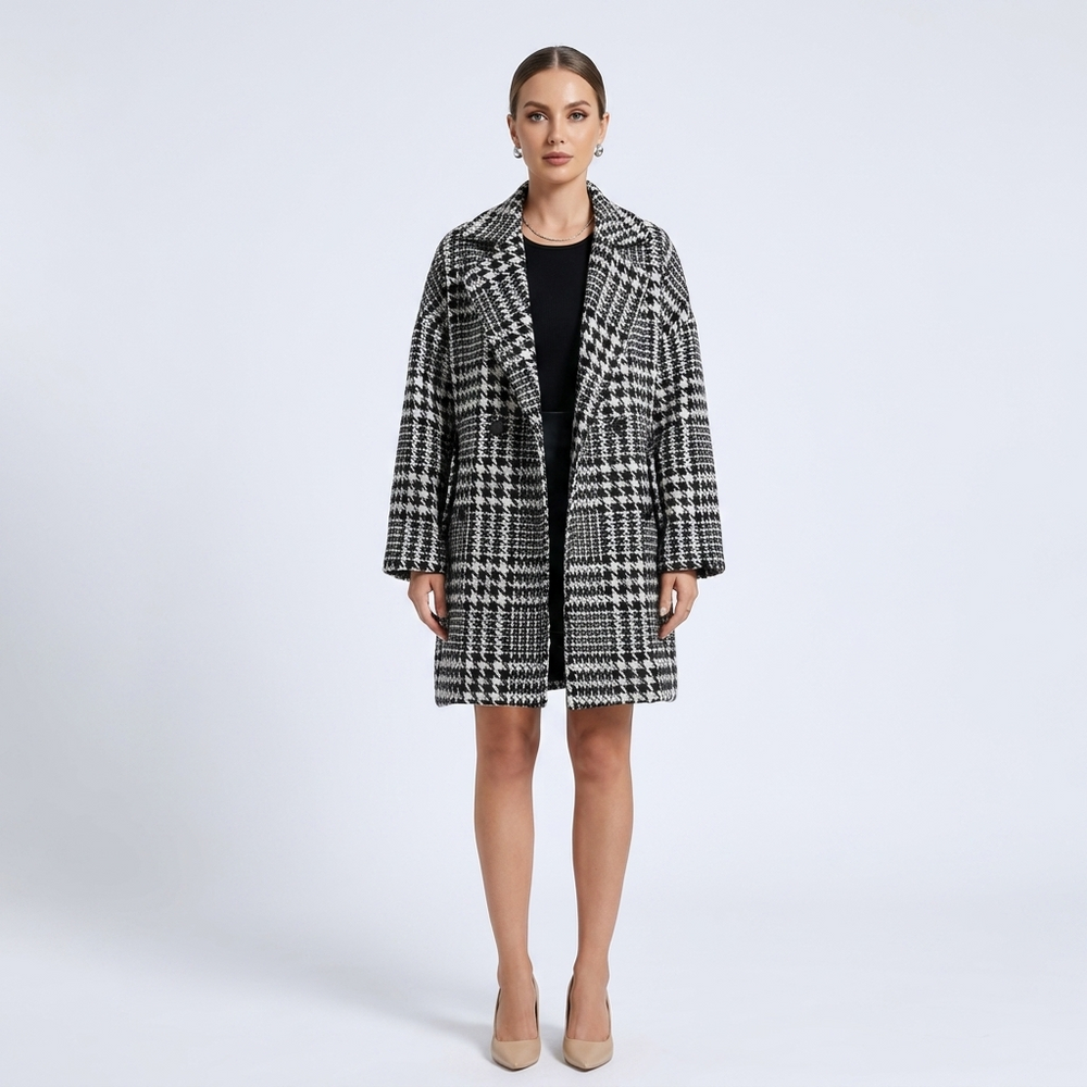Chantal Double-Breasted Houndstooth Wool Coat