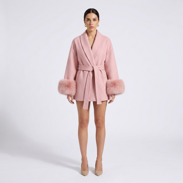 Vivienne Fox Fur Trim Elegant Wool Short Coat