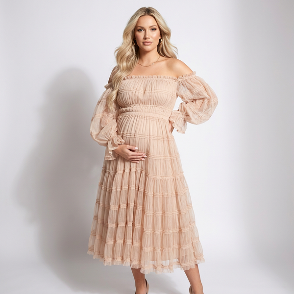 Rosalie Maternity Tiered Tulle Off-Shoulder Maxi Dress