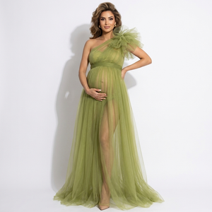 Fleur One-Shoulder Ruffle Tulle Maternity Gown
