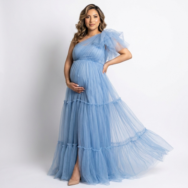 Fleur One-Shoulder Ruffle Tulle Maternity Gown