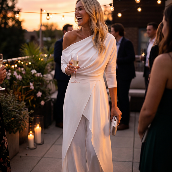 Serena | Women's One Shoulder Draped Wide Leg Evening Jumpsuit