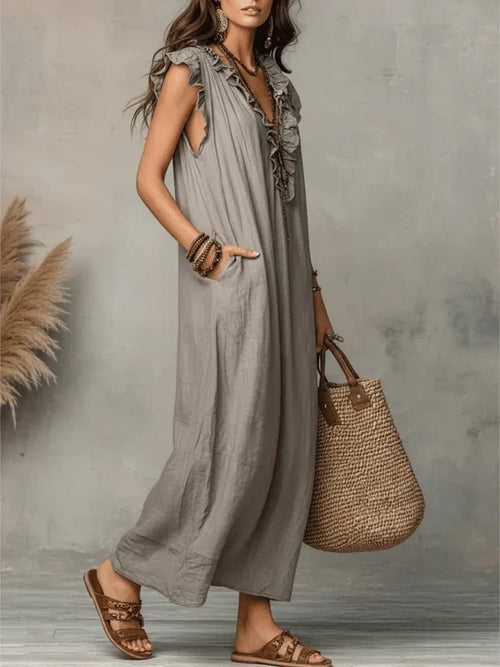 Adèle Flutter Sleeve Linen Maxi Dress