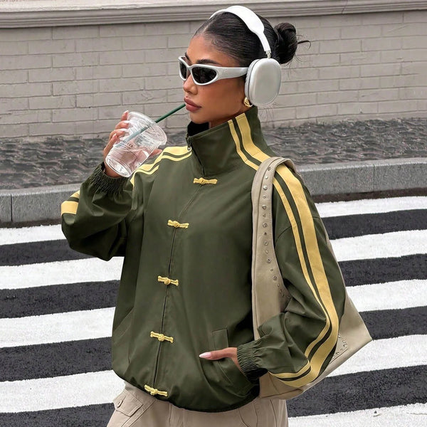 Mary | Women's Mandarin Collar Striped Oversized Jacket