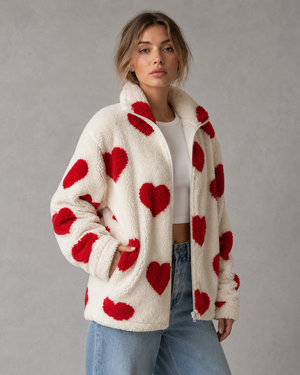 Élodie Heart Print Teddy Fleece Jacket