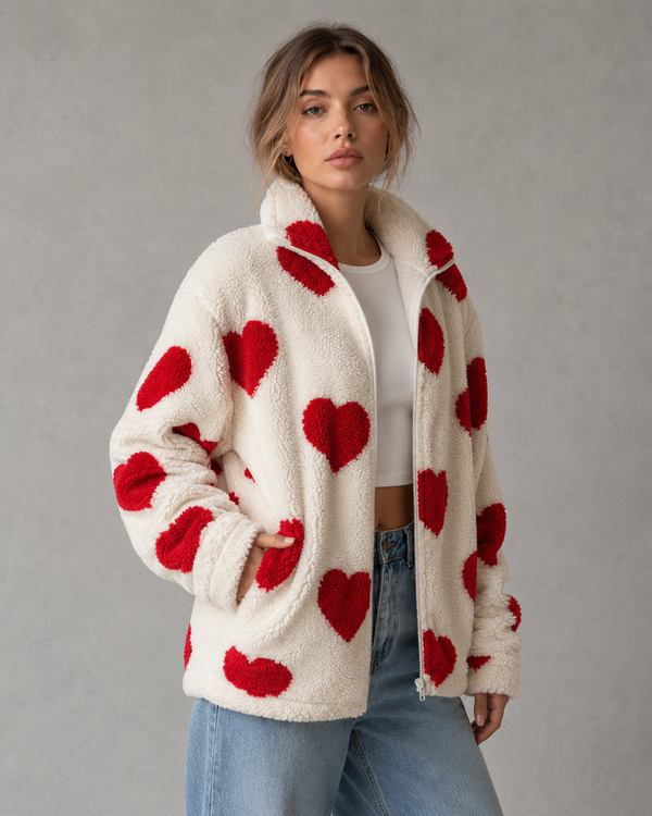 Élodie Heart Print Teddy Fleece Jacket