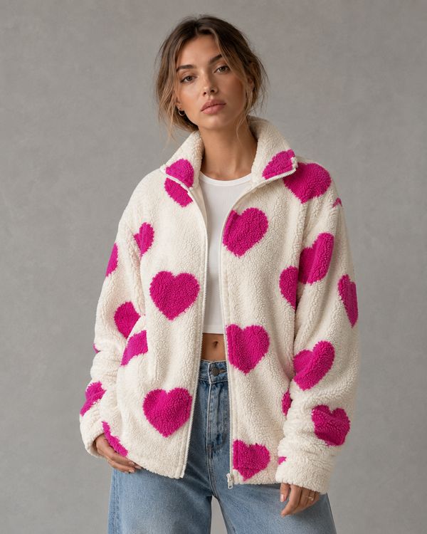 Élodie Heart Print Teddy Fleece Jacket