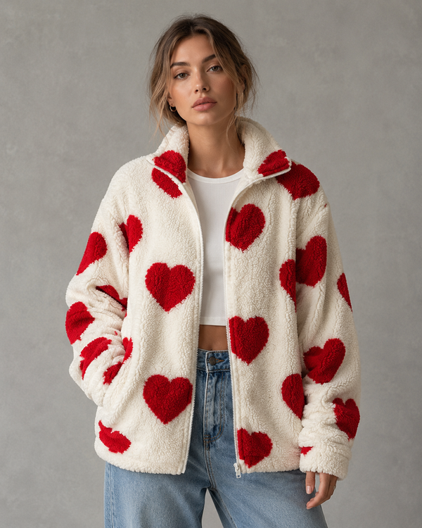 Élodie Heart Print Teddy Fleece Jacket